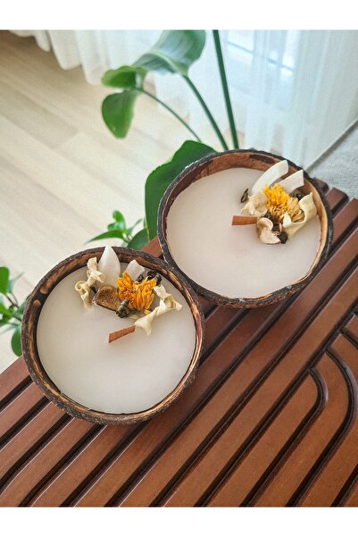 Marka Hindistancevizi Kabuğunda, Çiçekli El Yapımı Dekoratif 2li Mum Seti (CP...