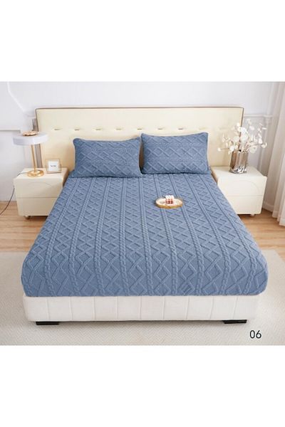 OEM Set de cearșafuri Cocolino cu 2 fețe de pernă, stil tricotat uni, 3 piese, 2 persoane, 180x200 cm, albastru M1