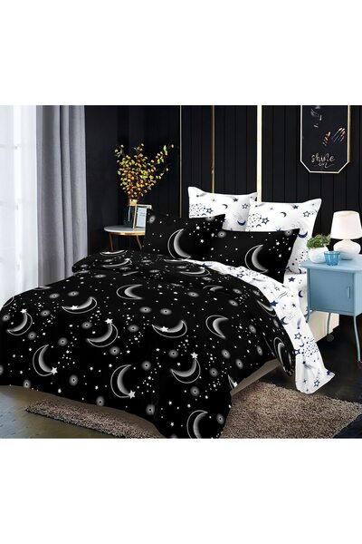 OEM Double Bed Linen Set, 6 Pieces, Moon Print, Finet Satin, White-Black