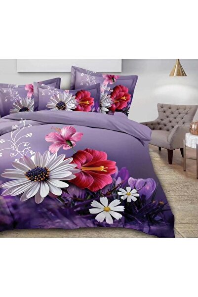 OEM Double bed linen set, 3D flowers, 4 pieces, 220x240cm, cotton satin, purple-multicolor