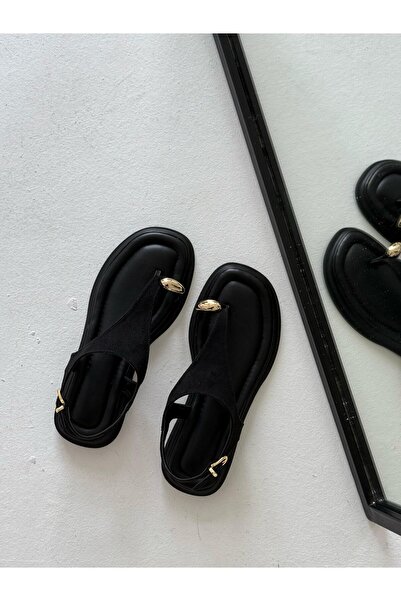 Dominant Kadın Siyah Nubuk Gold Detay Parmak Arası Sandalet