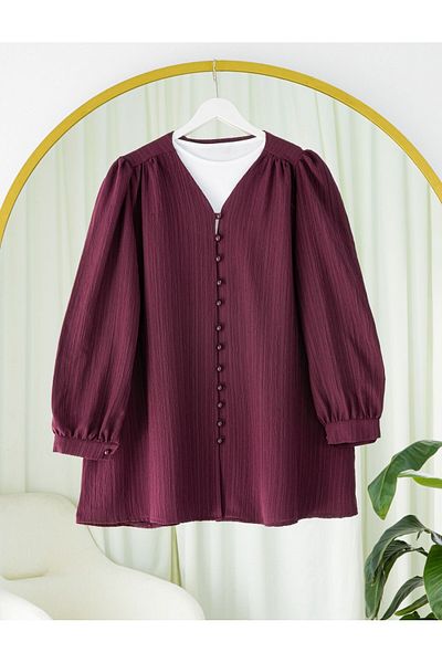 Modamorfo Cămașă Crinkle cu decolteu în V cu nasturi - Roșu Claret