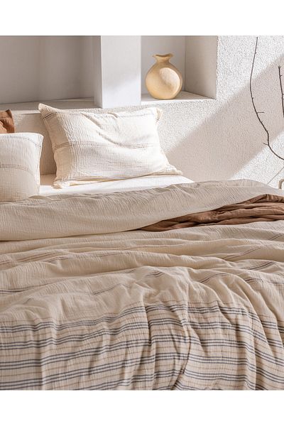 Madame Coco Breville Double Muslin Yarn Dyed Elastic Duvet Cover Set - Ecru/Beige