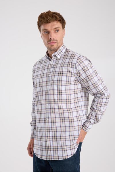 Abbate AClub Ανδρικό πουκάμισο με καρό σχέδιο AClub AC10086 από βαμβακερό ποπλίνο καφέ με κουμπιά και γιακά