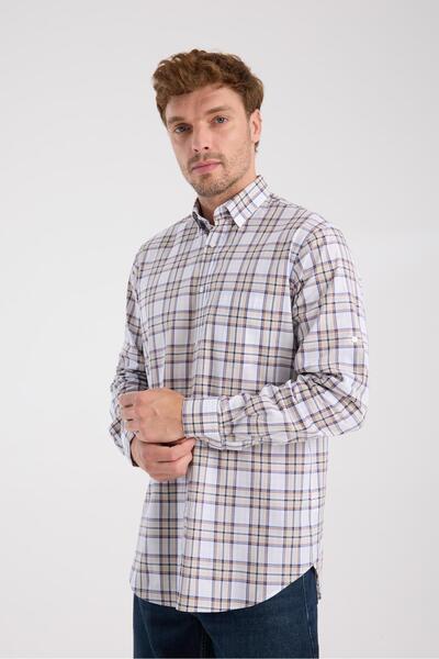 Abbate AClub Ανδρικό πουκάμισο με καρό σχέδιο AClub AC10086 από βαμβακερό ποπλίνο καφέ με κουμπιά και γιακά