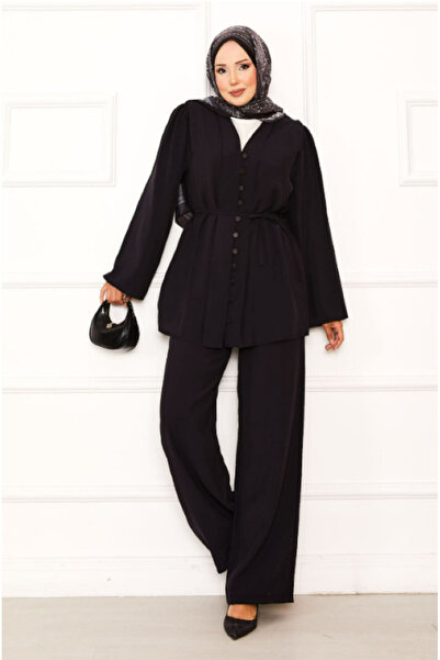 BELLUNI COLLECTION Birt Buttoned Mobile Belted Double Suit Black