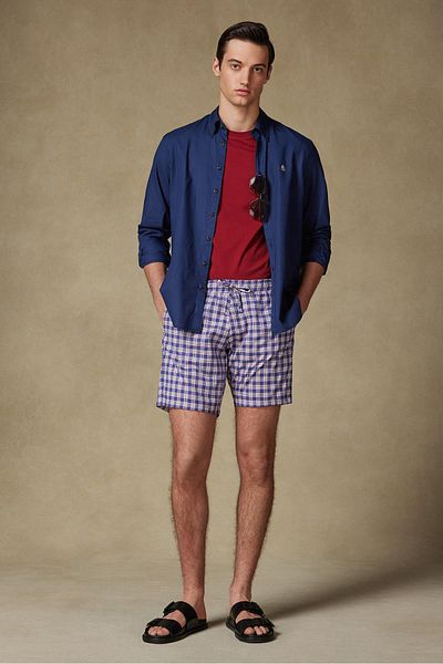 Abbate Sky Poplin Stretch Cotton Blend Comfort Fit Dark Blue Men's Plaid Shorts