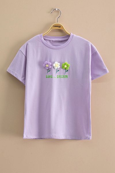 Cansın Mini Lilac Daisy Κεντημένο Crew Neck Κοριτσίστικο T-Shirt 20984