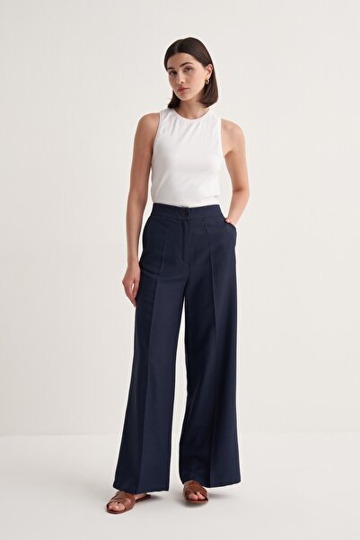 EBU Prive Women's Cupra Draped Cotton Palazzo Trousers Navy Blue