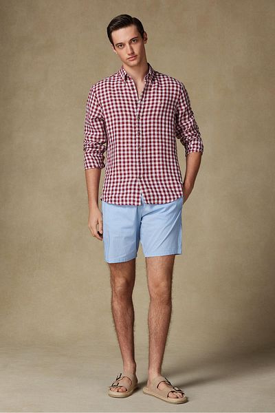Abbate Sky Poplin Stretch Cotton Blend Comfort Fit Light Blue Men's Checkered Shorts