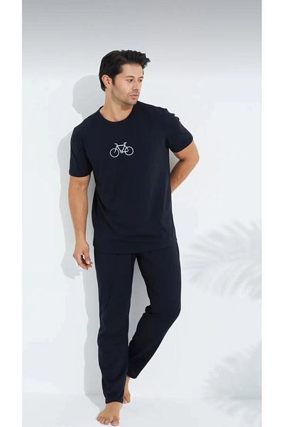 MİRELLA Men's Cycling Embroidered Short Sleeve Six Long Combed Cotton Knitted Fabric Summer Pajamas Set