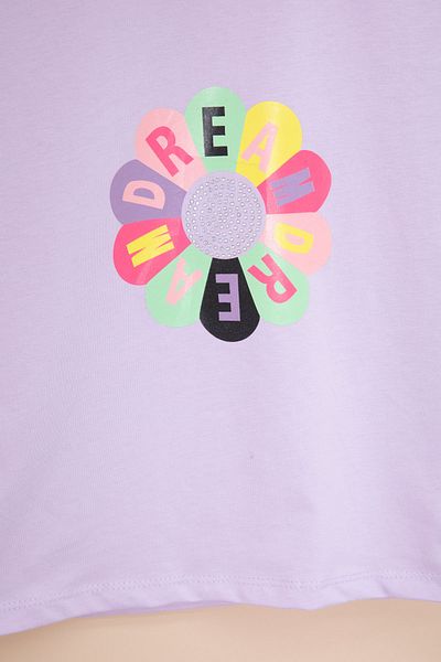 Cansın Mini Lilac Dream Printed Sequined Girl's Short Sleeve T-Shirt 21001
