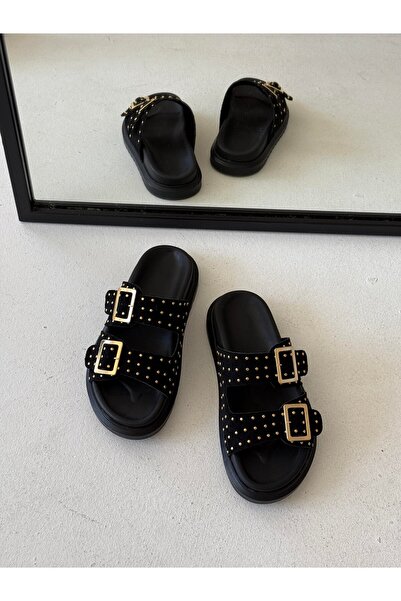 Dominant Kadın Siyah Gold Tokalı ve Taşlı Yüksek Taban Terlik