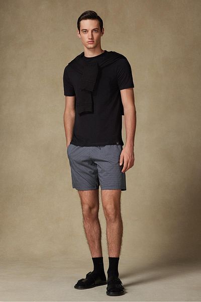 Abbate Sky Poplin Stretch Cotton Blend Comfort Fit Black Men's Check Shorts