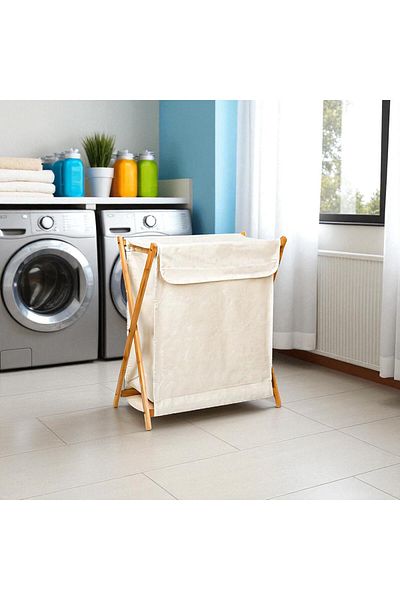 Cozy Nest سلة غسيل من الخيزران سعة 97 لترًا مع غطاء قابل للطي وإطار X قائم بذاته للملابس المتسخة والمناشف