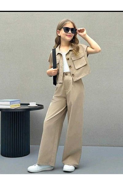 Çamur Kids Young Girl 3-Piece Summer Set (Gabardine Trousers + Jacket with Pocket Detail + Undershirt) – 9-16 Years