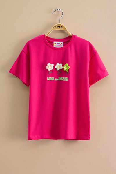 Cansın Mini Tricou pentru fete cu decolteu brodat cu margarete fucsia 20983