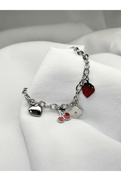 Sumen Butik Silver Color Steel Bracelet with Chain Strawberry, Cherry, Heart