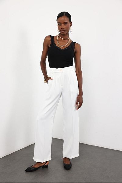 5in1Canpolat White Gold Buttoned Palazzo Trousers 4386