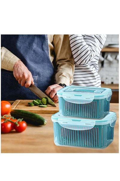 COOYA Fruit Storage Containers,Produce Savers with Drain Colander,Fridge Organizer,Blue,5 Pack