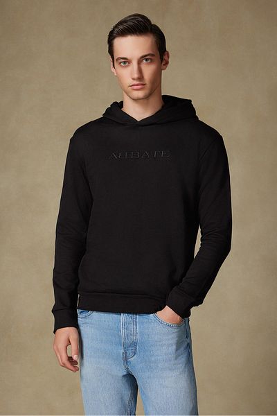 Abbate Hoodie Knitted Fabric Cotton Comfort Fit Black Crew Neck Men's Embroidered Hoodie