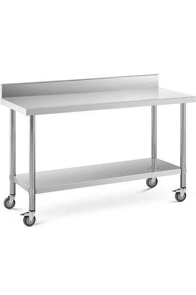 Royal Catering Stół metalowy gastronomiczny na kółkach z półką i rantem STAL 60 x 150 cm