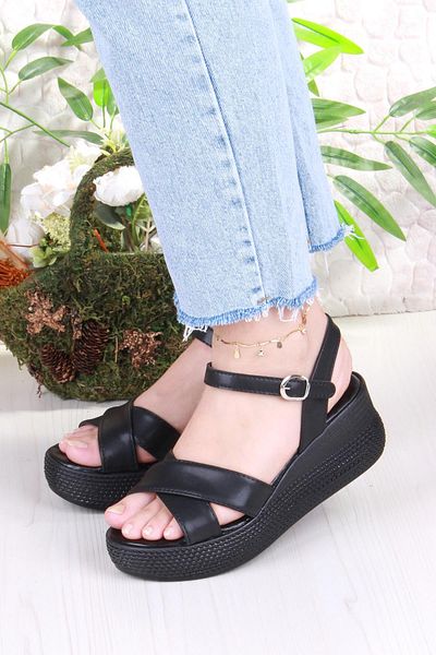 fort 05-7008 Soft Comfortable Buckle Detailed Wedge Sole Cross Strap Women's Sandals