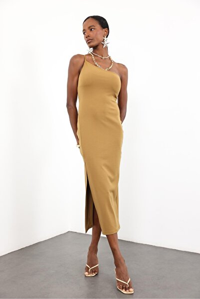 5in1Canpolat Oil Green One Sleeve Front Slit Dress 12154