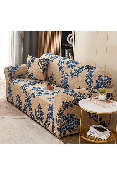 trendyhome Husă elastică cu brațe, canapea cu 3 locuri, UNI, crem/albastru, J12280
