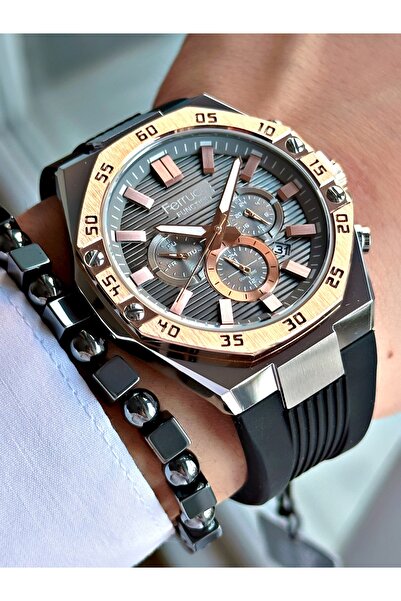 Ferrucci Function Smoked Dial Rose Number Calendar Black Silicone Men's Wrist...