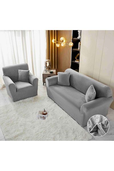 trendyhome Velvet Elastic Cover, 3-Seater Sofa, UNI, Light Grey, J244088