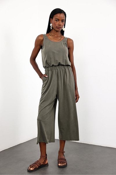 5in1Canpolat Khaki Elastic Waist Modal Jumpsuit 1719