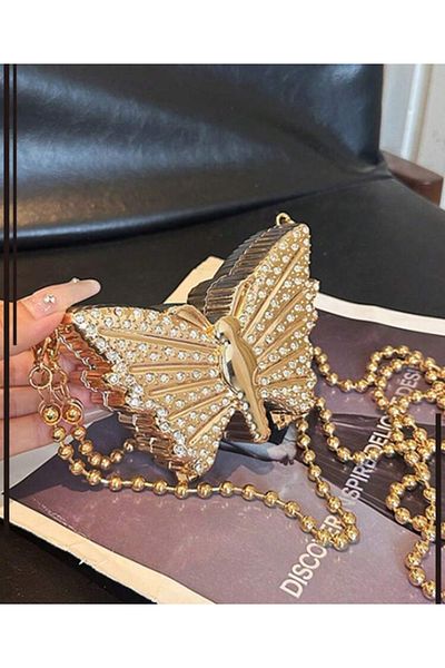 La Saade Luna Gold Butterfly-Mini Butterfly Model Handbag with Gold Stones