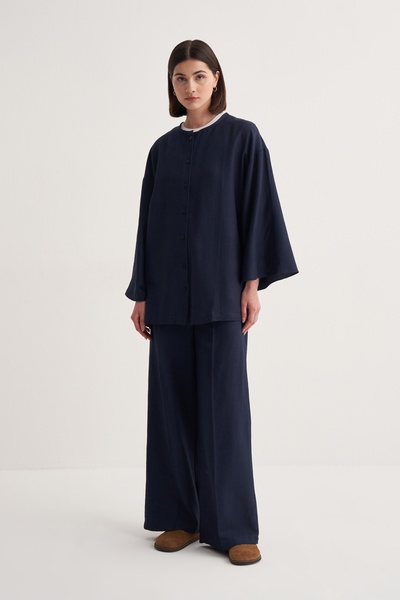 EBU Prive Women's Cupra Draped Cotton Kimono Shirt Navy Blue