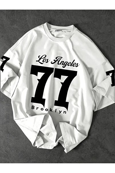 LAND MODA Tricou pentru bărbați Los Angeles 77 cu imprimeu largi - mânecă scu...