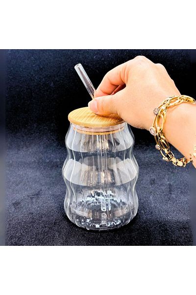 Tırtıl Home Züccaciye Bamboo Lid Mug with Glass Straw