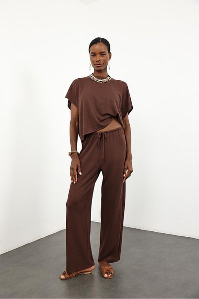 5in1Canpolat Brown Knitwear Blouse Trousers Set 16880
