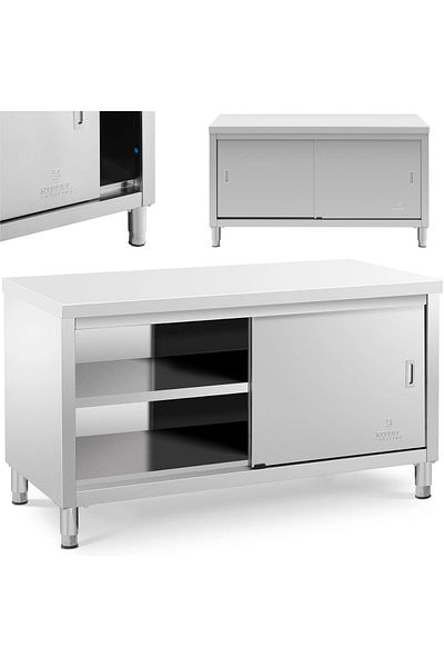 Royal Catering Stół blat roboczy centralny z szafką drzwi suwane 150 x 70 x 85 cm