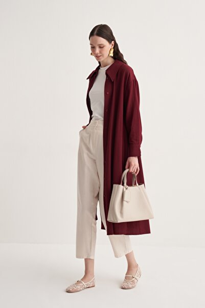 EBU Prive Kadın Cupra Dökümlü Pamuklu Oversize Uzun Gömlek Elbise Bordo