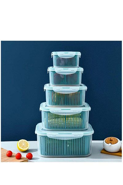 COOYA 5 Pack Fruit Storage Containers for Fridge with Drain Colander Plastic Produce Keepers(Blue)