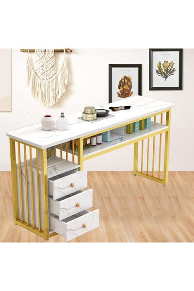 Türkiye طاولة مانيكير بثلاثة رفوف تخزين مع سطح من الرخام الأبيض الصناعي وإطار معدني ذهبي وطاولة عمل للأظافر