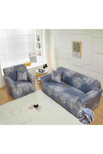 trendyhome Husă elastică cu brațe, canapea cu 2 locuri, albastru/crem, J14806