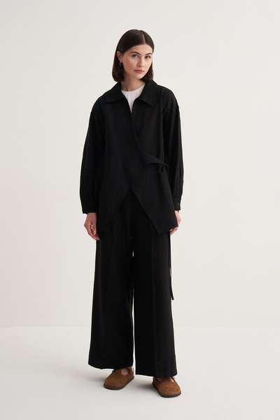 EBU Prive Women's Cupra Draped Cotton Collar Kimono Black