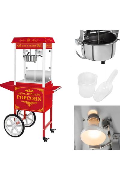 Royal Catering Profesjonalna wydajna maszyna do popcornu mobilna na wózku 230V 1.5kW czerwona