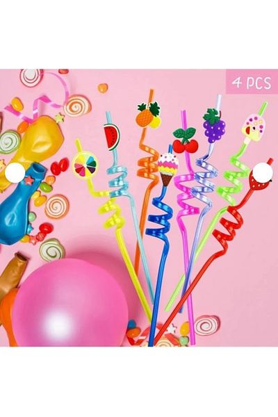 DOĞALYA Cute Colorful and Figured Plastic Cocktail Straw 4 Pieces