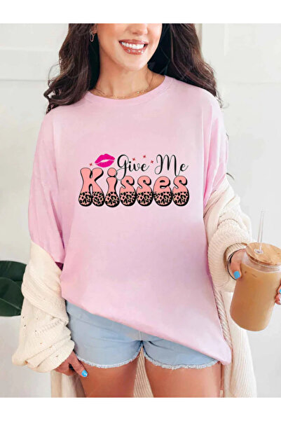 Sarah's Boutique Tricou de damă – 100% bumbac – citat vibrant „DĂ-MI SĂRUTĂRI”