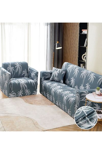 trendyhome Husă elastică pentru cotiera canapea cu 2 locuri, palmieri, bleumarin/alb, J11208
