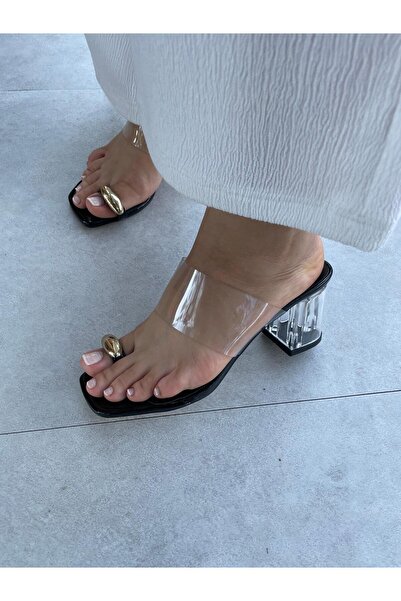 Elvinin Tarzı Nia Black Color Transparent Heeled Transparent Banded Slippers