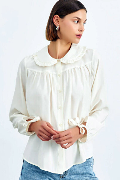 MissKybele Fırfırlı Bebe Yakalı Bağlamalı Uzun Kollu Rahat Kalıp Düğme Kapama...