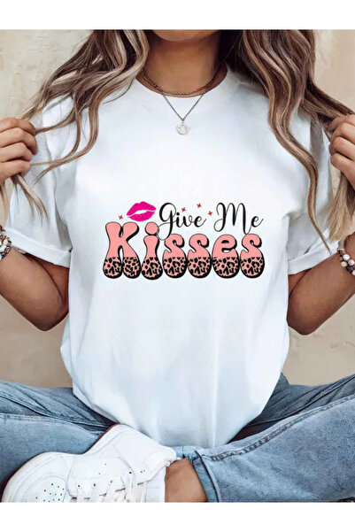 Sarah's Boutique Tricou de damă – 100% bumbac – citat vibrant „DĂ-MI SĂRUTĂRI”